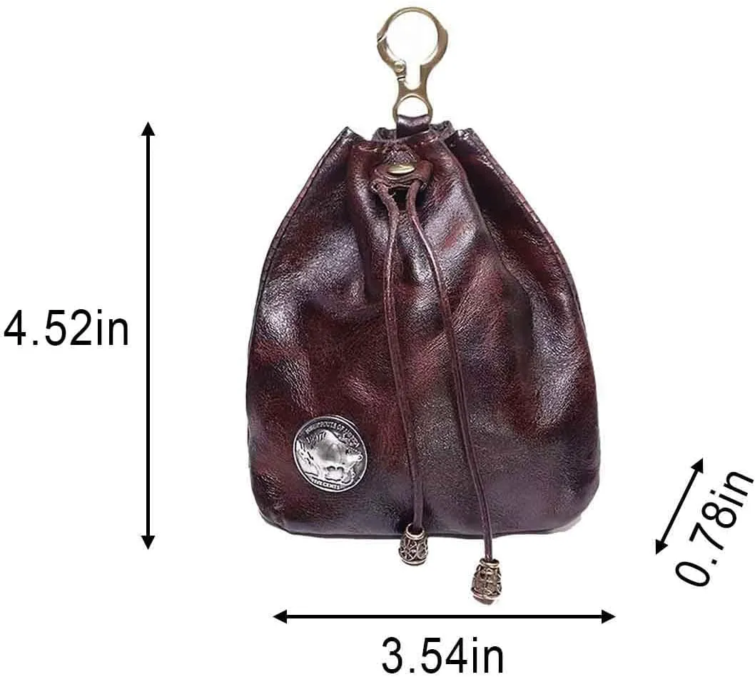 1Pcs Medieval Genuine Leather Drawstring Change Purse Key Ring Purse Coin Organizer Drawstring Gift Bag Jewelry Storage Bag Mini Multifunction Walle for Men & Women (Coffee)