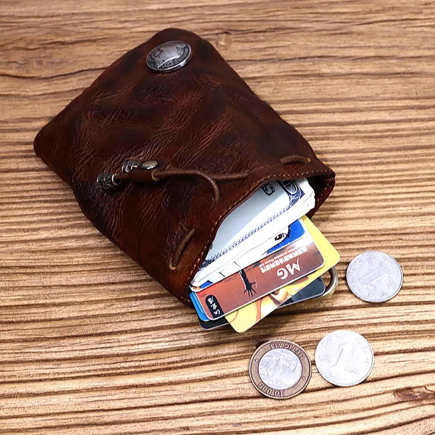 1Pcs Medieval Genuine Leather Drawstring Change Purse Key Ring Purse Coin Organizer Drawstring Gift Bag Jewelry Storage Bag Mini Multifunction Walle for Men & Women (Coffee)