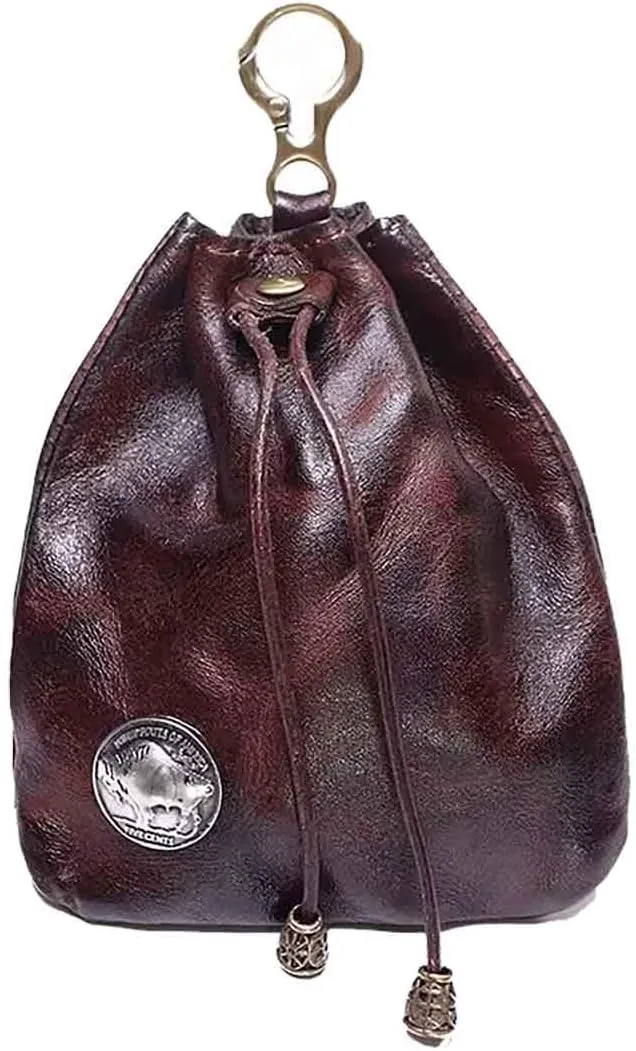 1Pcs Medieval Genuine Leather Drawstring Change Purse Key Ring Purse Coin Organizer Drawstring Gift Bag Jewelry Storage Bag Mini Multifunction Walle for Men & Women (Coffee)