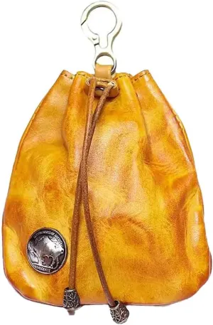 1Pcs Medieval Genuine Leather Drawstring Change Purse Key Ring Purse Coin Organizer Drawstring Gift Bag Jewelry Storage Bag Mini Multifunction Walle for Men & Women (Yellow)