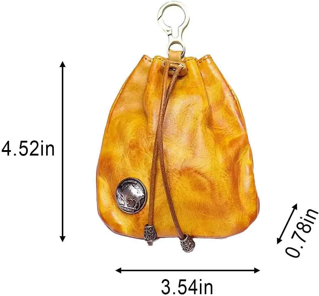 1Pcs Medieval Genuine Leather Drawstring Change Purse Key Ring Purse Coin Organizer Drawstring Gift Bag Jewelry Storage Bag Mini Multifunction Walle for Men & Women (Yellow)