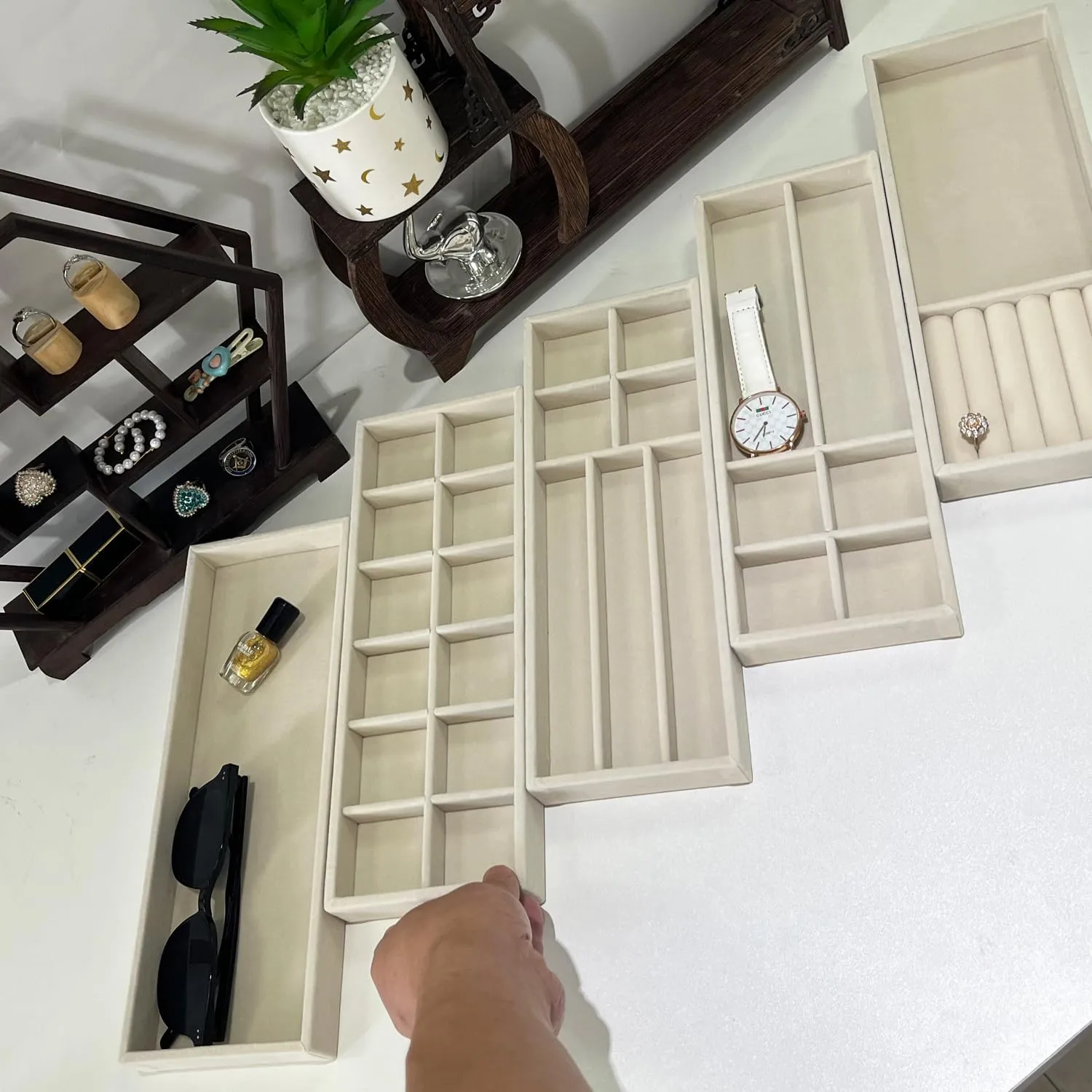 2Pcs Desk Drawer Storage Tray, Nightstand Organizer Tray, Necklace Bracelet Ring Earring Jewelry Display Tray, Grid Table Organizer Holder Tray for Sunglass, Phone, Watch, Perfume (7 grid)/Beige
