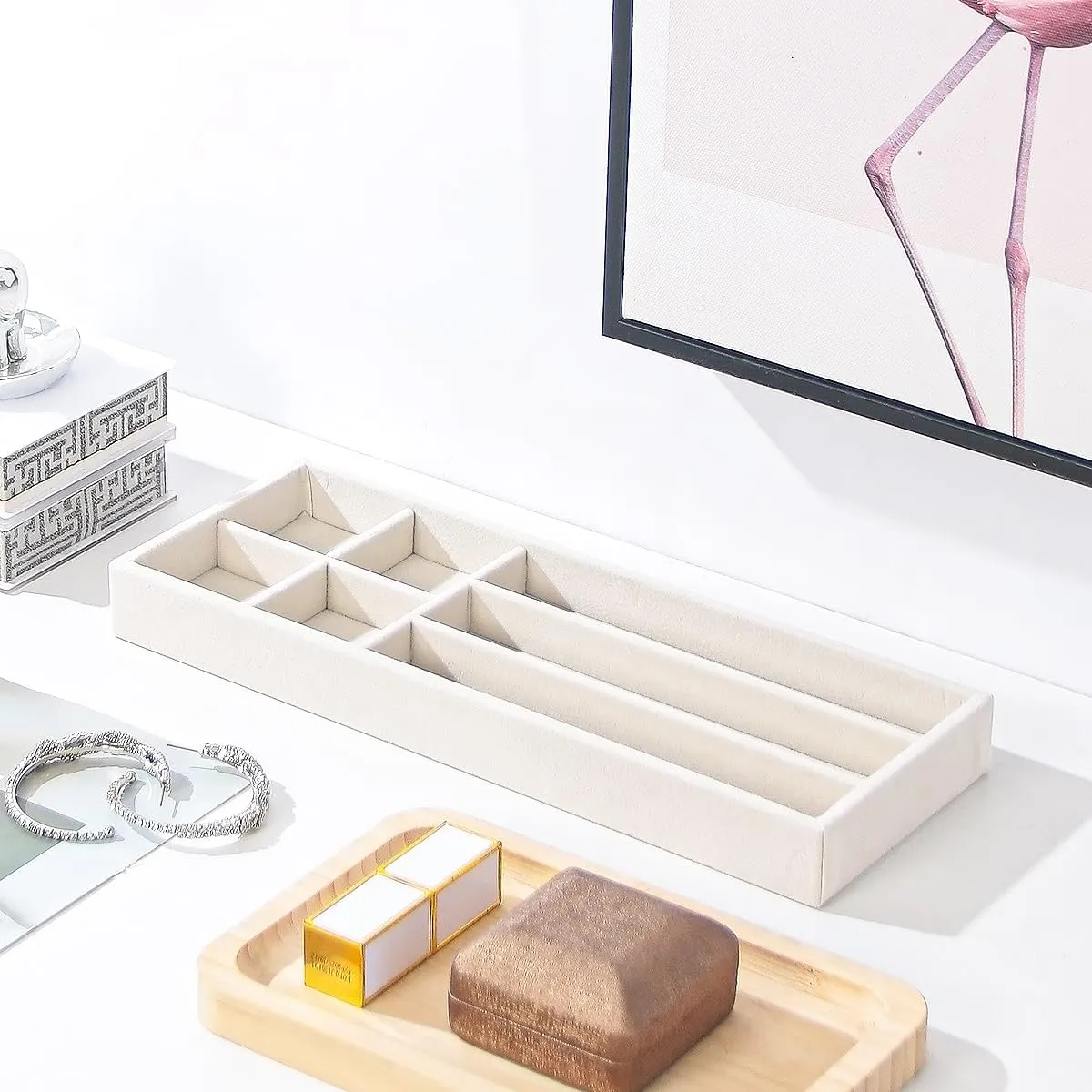 2Pcs Desk Drawer Storage Tray, Nightstand Organizer Tray, Necklace Bracelet Ring Earring Jewelry Display Tray, Grid Table Organizer Holder Tray for Sunglass, Phone, Watch, Perfume (7 grid)/Beige