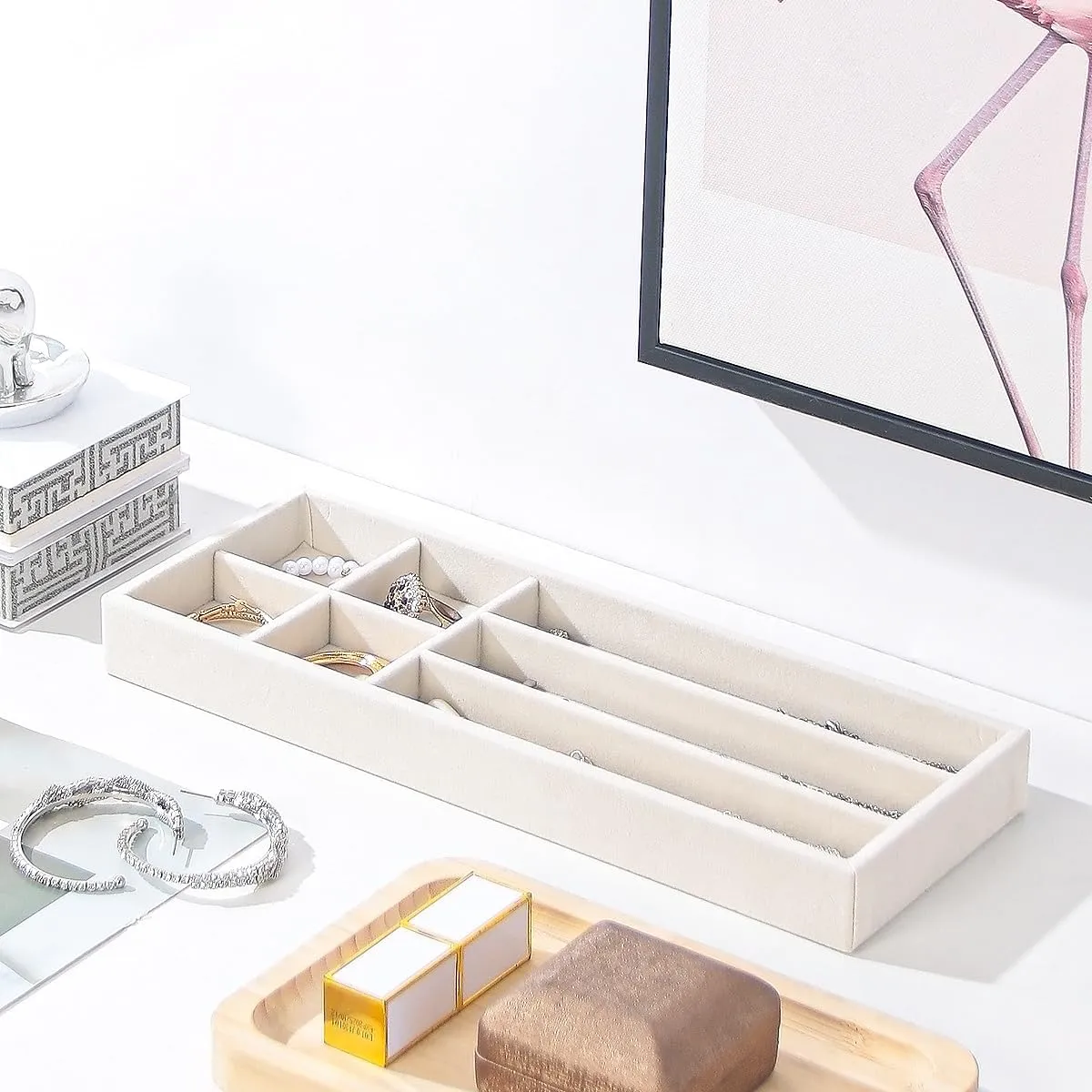 2Pcs Desk Drawer Storage Tray, Nightstand Organizer Tray, Necklace Bracelet Ring Earring Jewelry Display Tray, Grid Table Organizer Holder Tray for Sunglass, Phone, Watch, Perfume (7 grid)/Beige