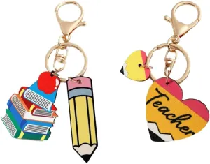 2Pcs Pencil Book Red Fruit Keychains Appreciation Gifts for Women Teachers Thank You Gift