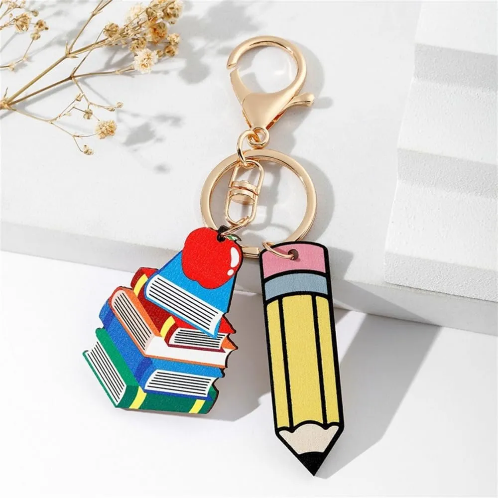 2Pcs Pencil Book Red Fruit Keychains Appreciation Gifts for Women Teachers Thank You Gift