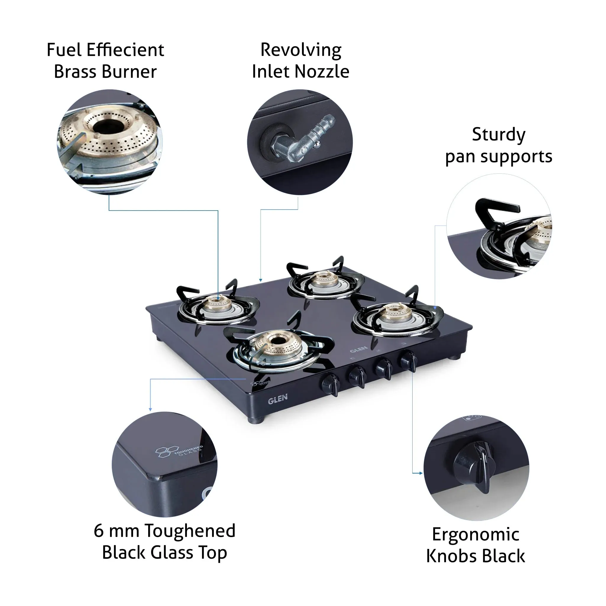 4 Burner Glass Gas Stove 1 High Flame 3 Brass Burners Double Drip Trays Black (1043 GT HFBB DD BL) - Manual/Auto Ignition