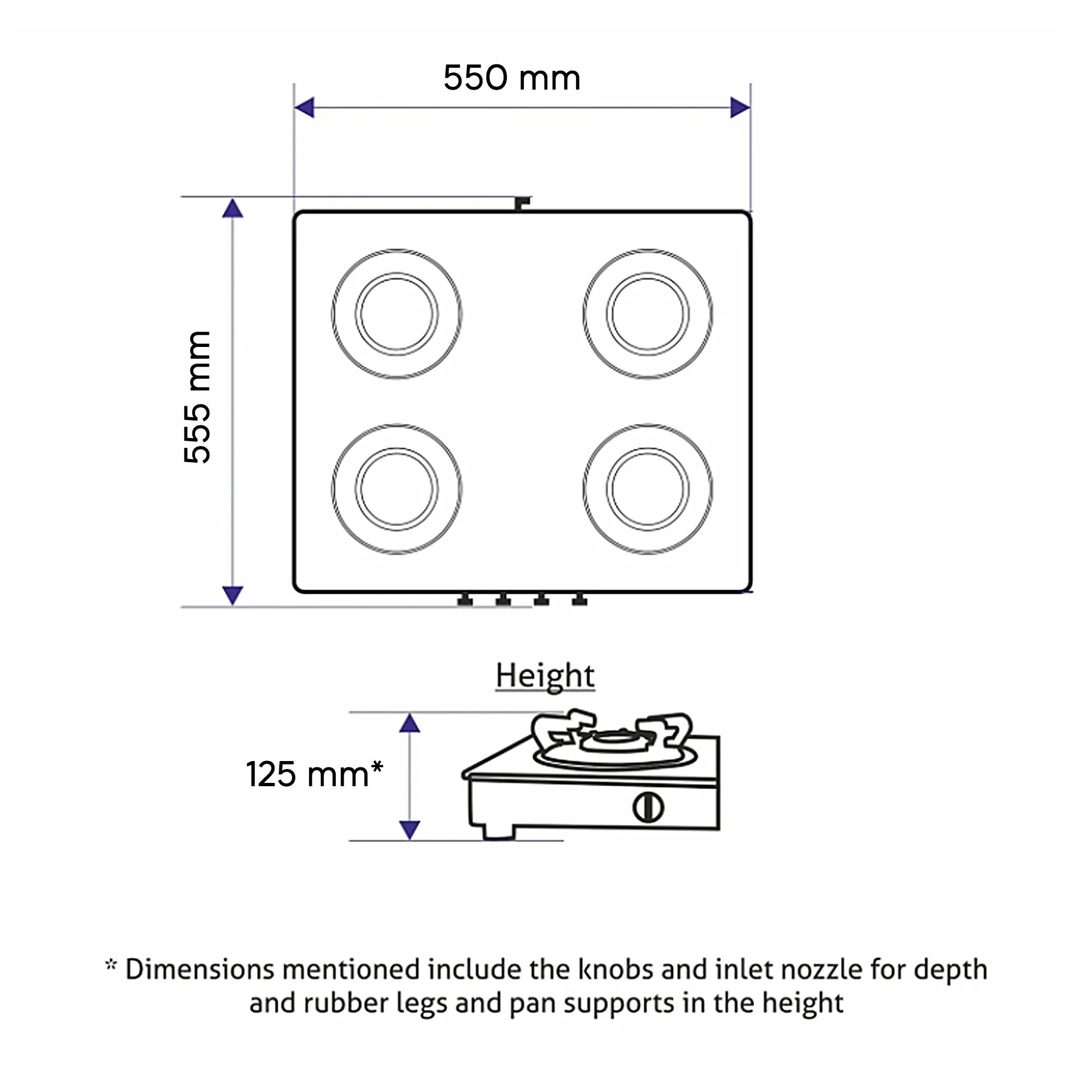 4 Burner Glass Gas Stove 1 High Flame 3 Brass Burners Double Drip Trays Black (1043 GT HFBB DD BL) - Manual/Auto Ignition