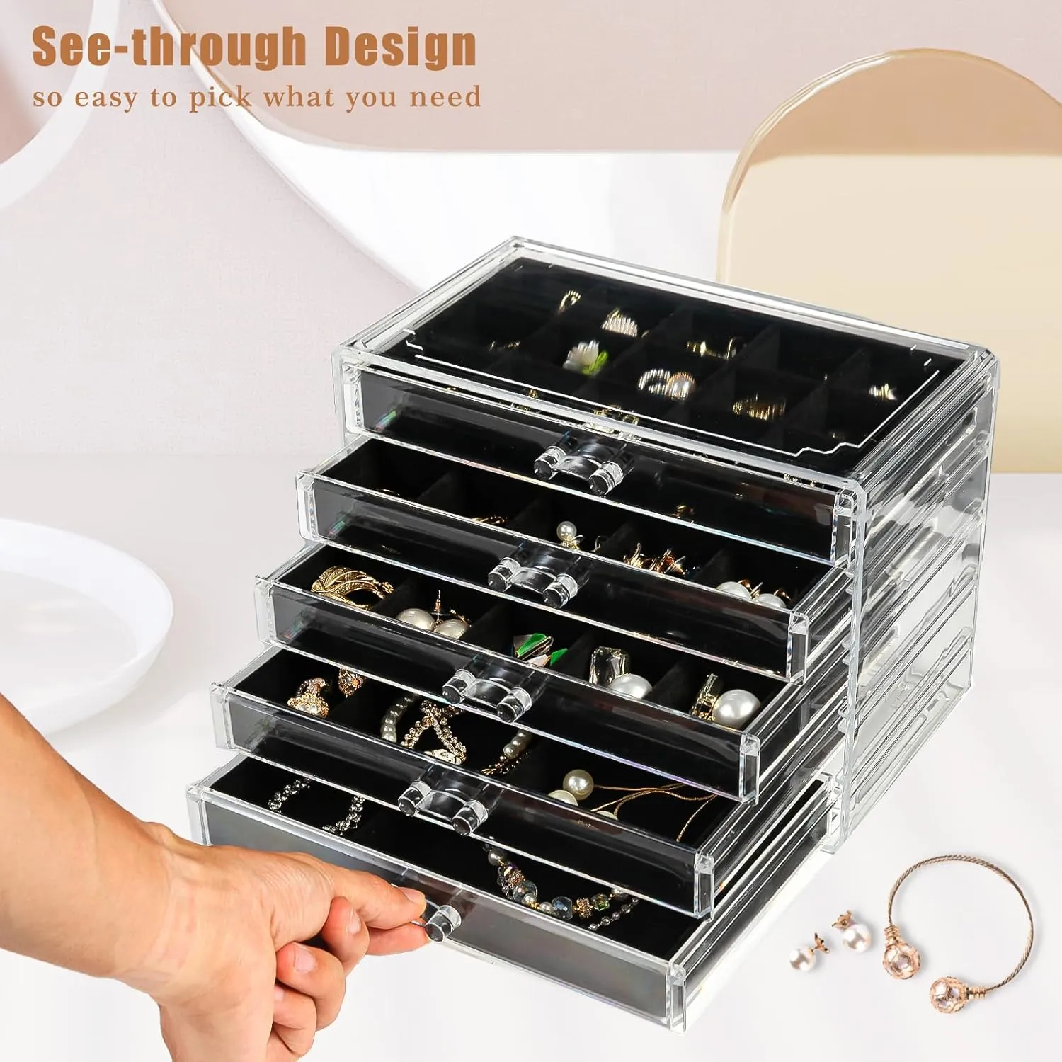 5 Drawers Clear Jewelry Box for Women and Girls, Acrylic Earring Holder Organizer Ring Holder Display Storage, Black