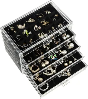 5 Drawers Clear Jewelry Box for Women and Girls, Acrylic Earring Holder Organizer Ring Holder Display Storage, Black