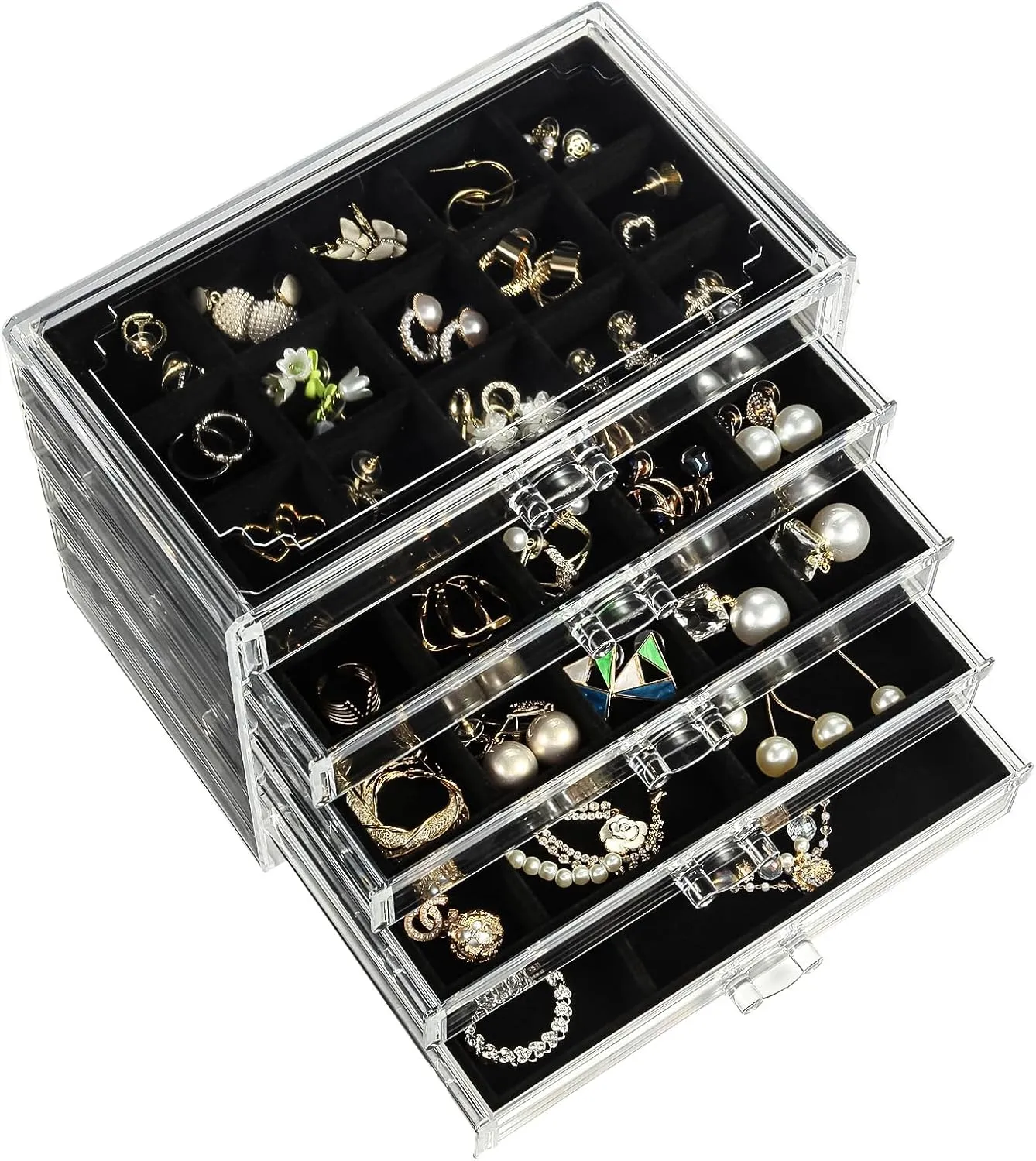 5 Drawers Clear Jewelry Box for Women and Girls, Acrylic Earring Holder Organizer Ring Holder Display Storage, Black