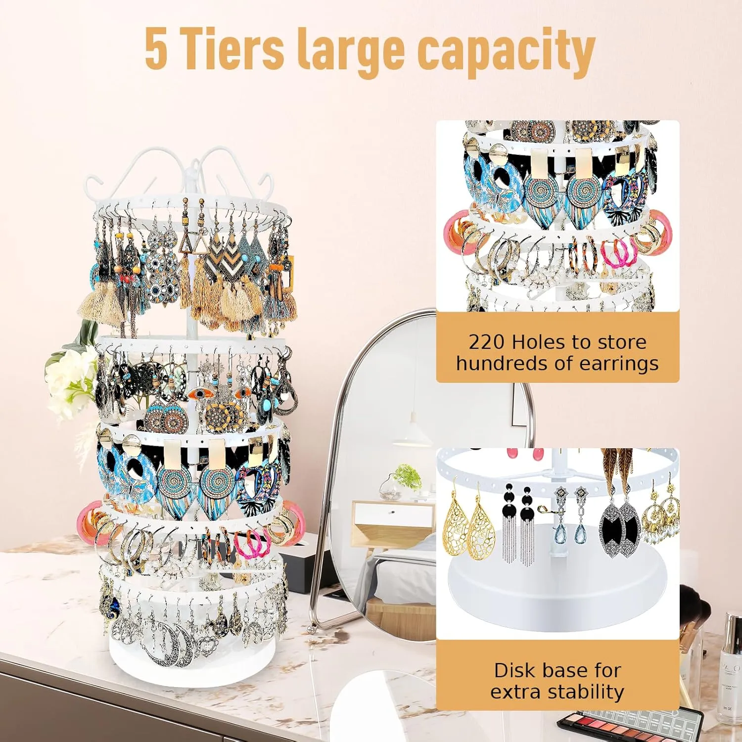 5 Tiers 360 Rotating Earring Holder Organizer Stand,220 Holes Stud Earring Organizers and StorageJewelry Organizers and Storage,Earring Tree Organizer for Women