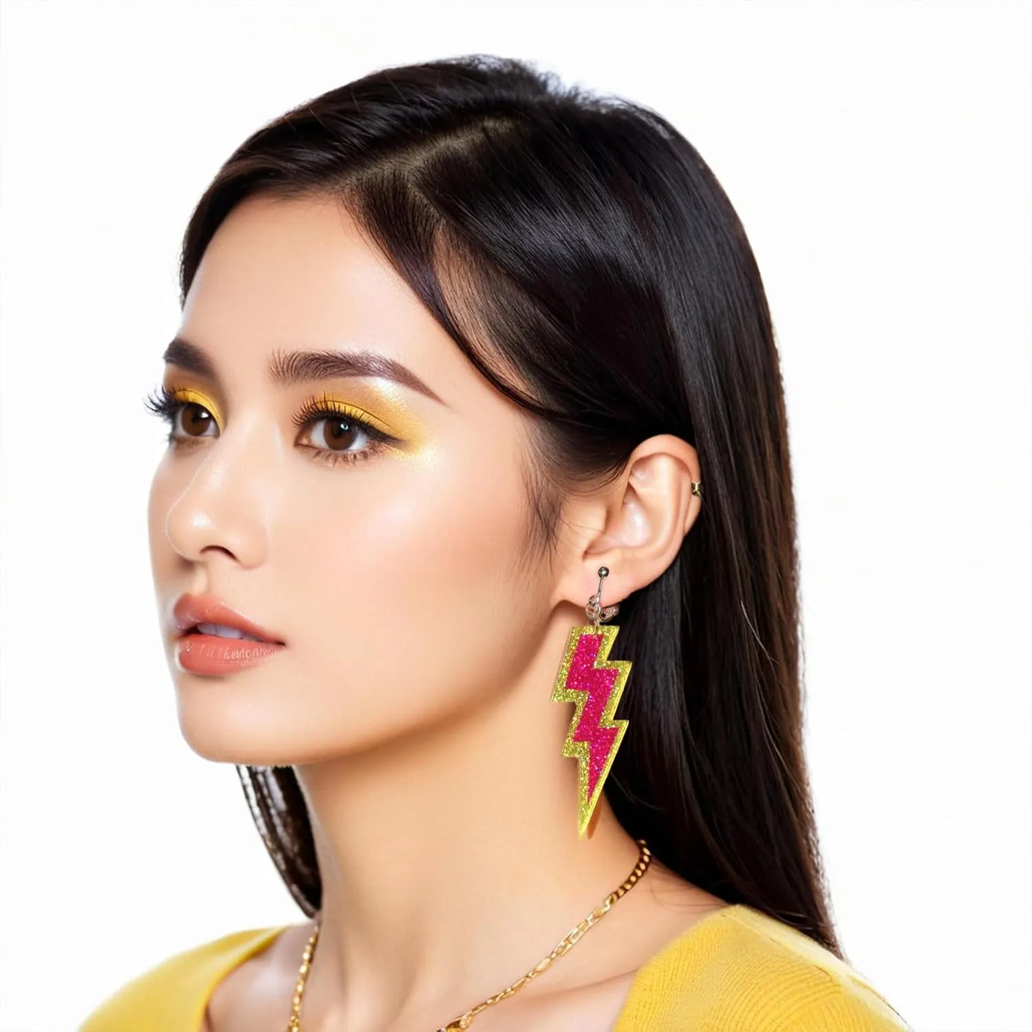 70s 80s Neon Clip On Earrings for Women, Non-Piercing, Colorful Lightning Acrylic Retro Geometric Thunder Flash Drop Earrings for 80s Outfit Glow Party Accessories