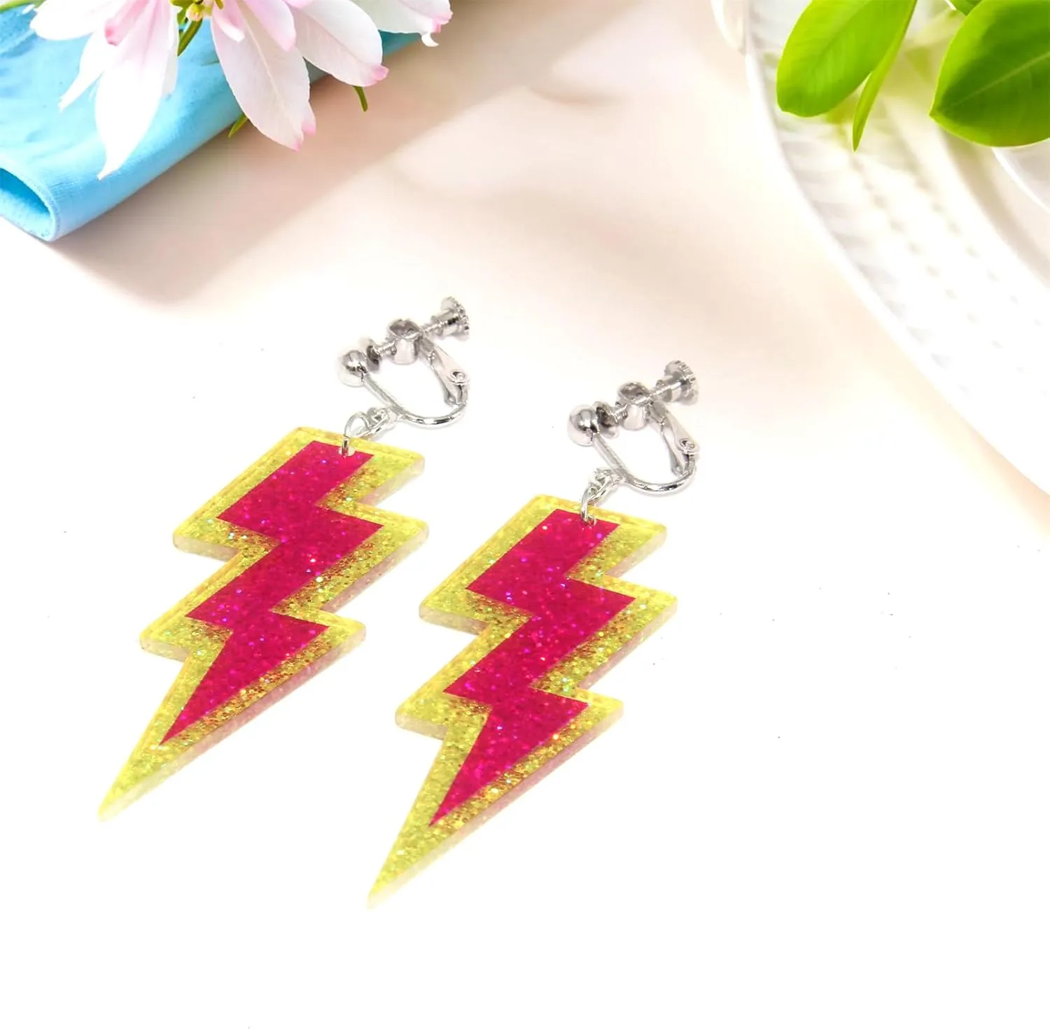 70s 80s Neon Clip On Earrings for Women, Non-Piercing, Colorful Lightning Acrylic Retro Geometric Thunder Flash Drop Earrings for 80s Outfit Glow Party Accessories