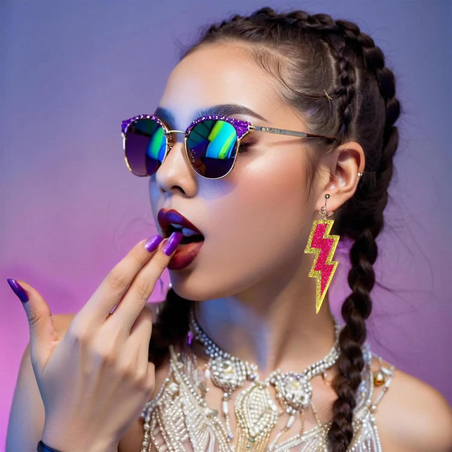70s 80s Neon Clip On Earrings for Women, Non-Piercing, Colorful Lightning Acrylic Retro Geometric Thunder Flash Drop Earrings for 80s Outfit Glow Party Accessories