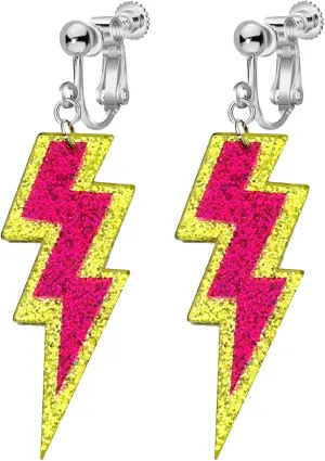 70s 80s Neon Clip On Earrings for Women, Non-Piercing, Colorful Lightning Acrylic Retro Geometric Thunder Flash Drop Earrings for 80s Outfit Glow Party Accessories