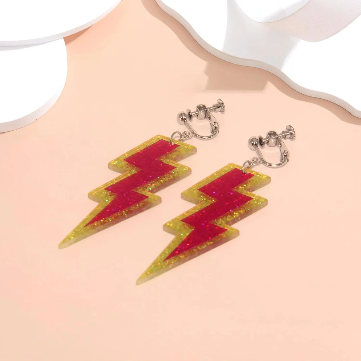70s 80s Neon Clip On Earrings for Women, Non-Piercing, Colorful Lightning Acrylic Retro Geometric Thunder Flash Drop Earrings for 80s Outfit Glow Party Accessories