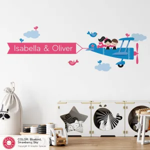 Airplane Siblings Name Banner Fabric Wall Decal