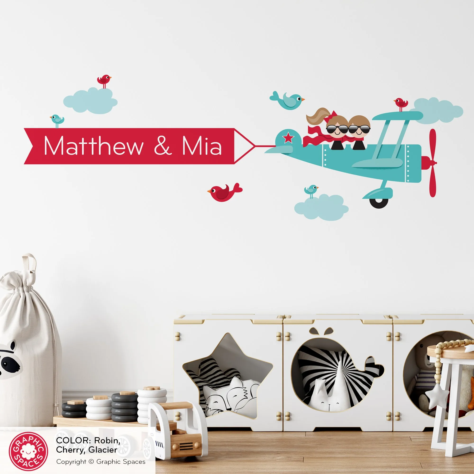 Airplane Siblings Name Banner Fabric Wall Decal