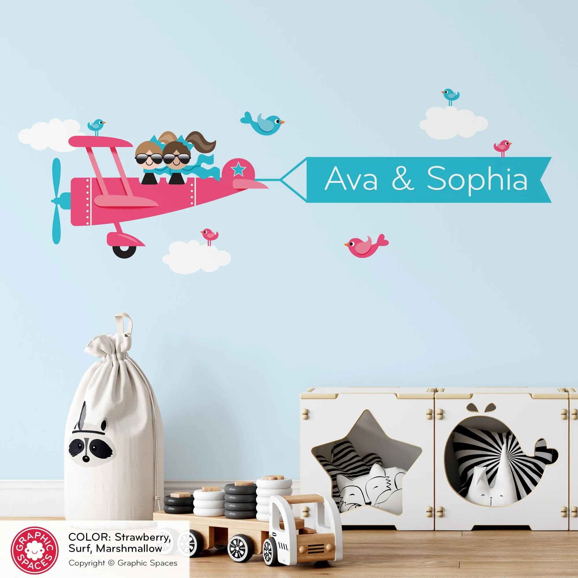 Airplane Sisters Name Banner Fabric Wall Decal