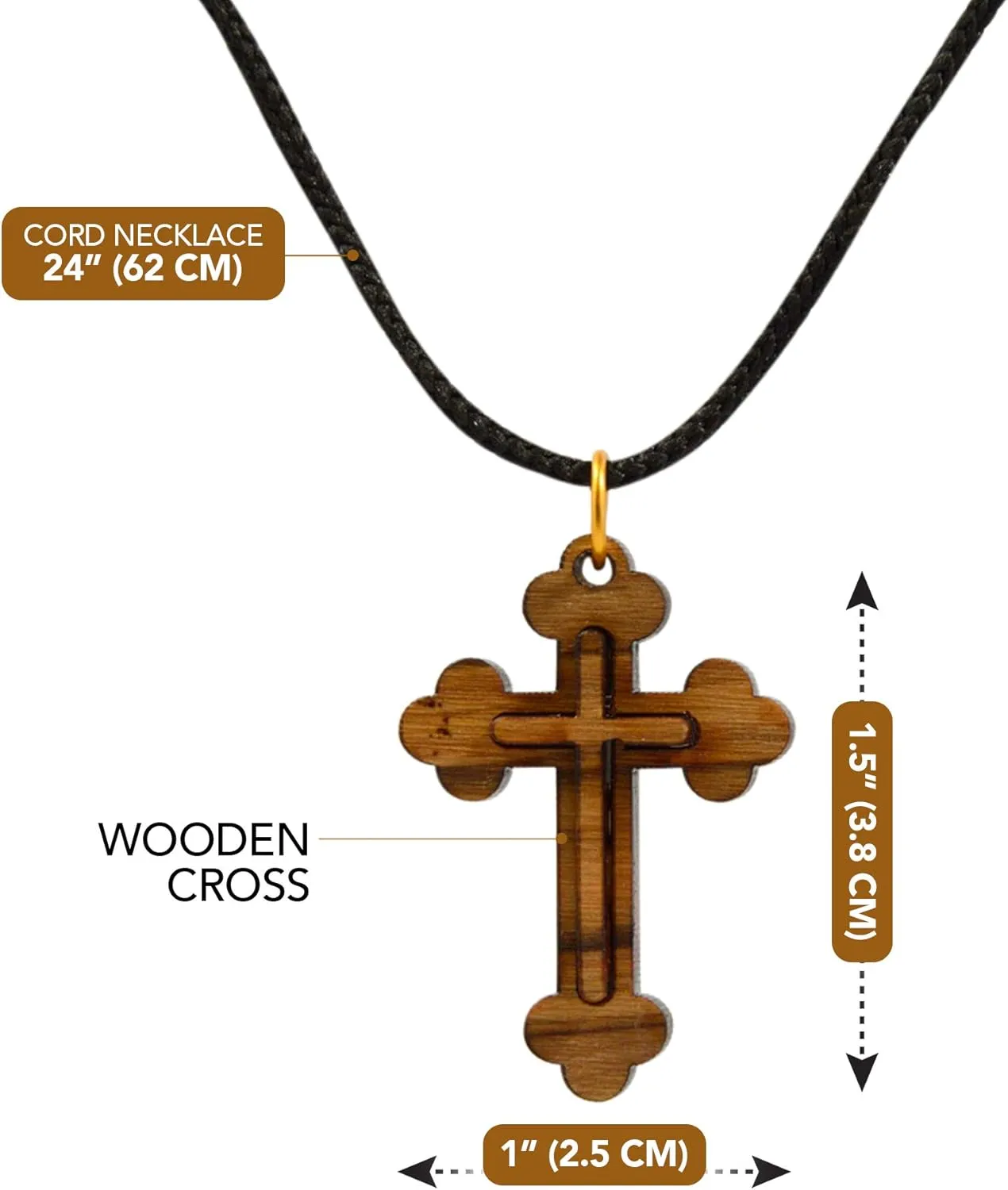 AUTHENTIC Bethlehem Olive Wood Eastern Cross Pendant in Natural Cotton Pouch with Christogram - Cross for Men & Women