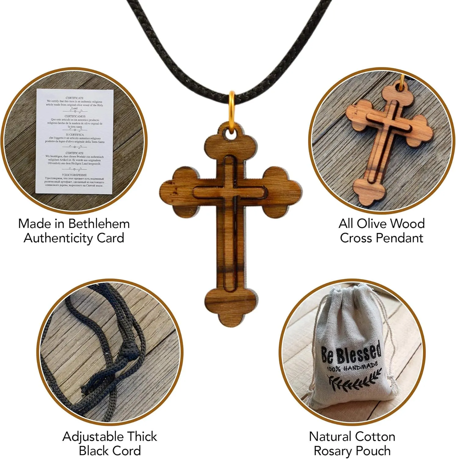 AUTHENTIC Bethlehem Olive Wood Eastern Cross Pendant in Natural Cotton Pouch with Christogram - Cross for Men & Women