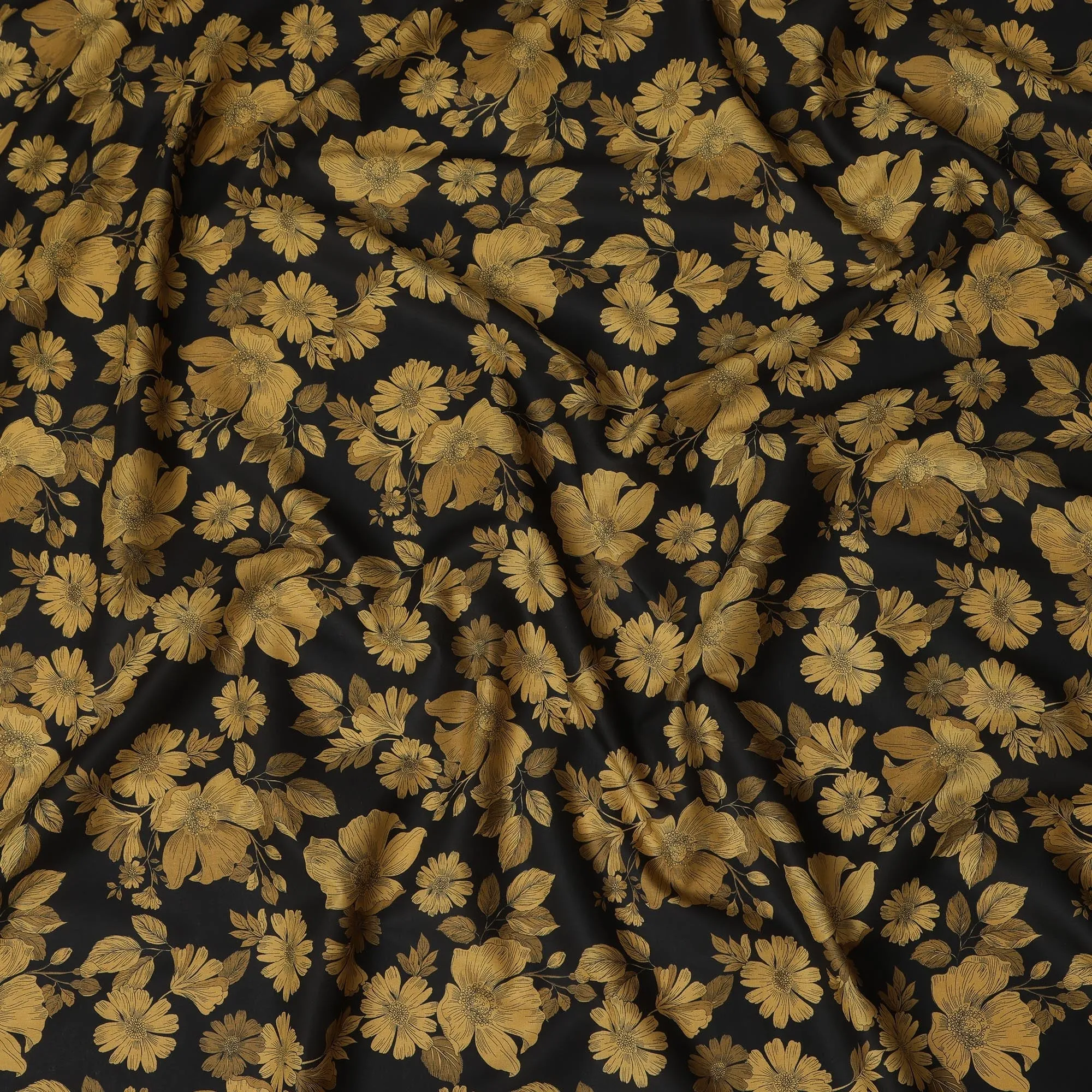 Black and Gold Floral Cotton Lawn Digital Print Fabric - 110 cm Width-D21220