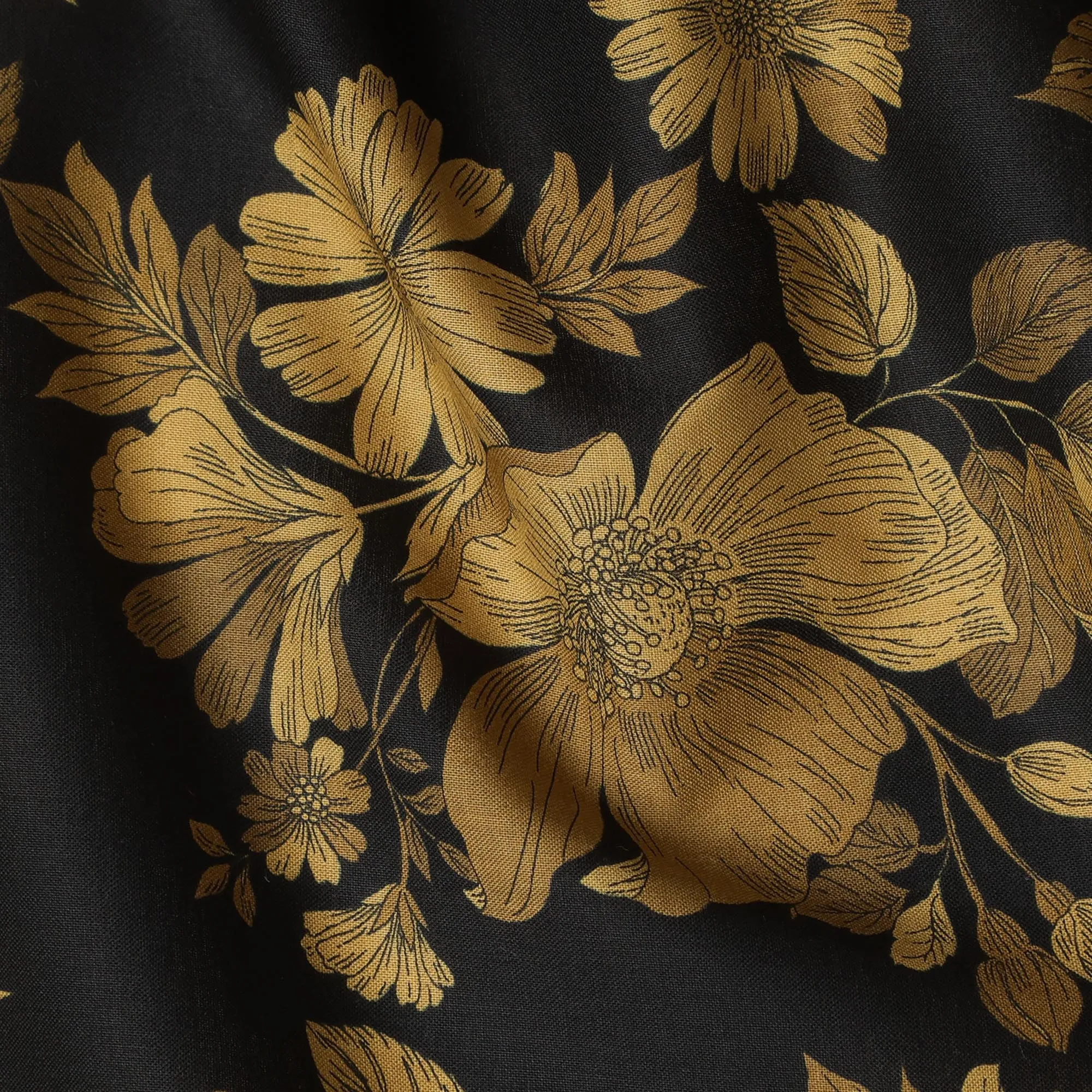 Black and Gold Floral Cotton Lawn Digital Print Fabric - 110 cm Width-D21220