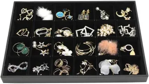 Black Velvet Stackable 24 Grid Jewelry Tray Showcase Display Organizer Holder Dividers for Teen Stud Drop Earring, Watch, Bead, Trinket Storage Adjustable Box Case Dish for College Dorm Woman Drawer