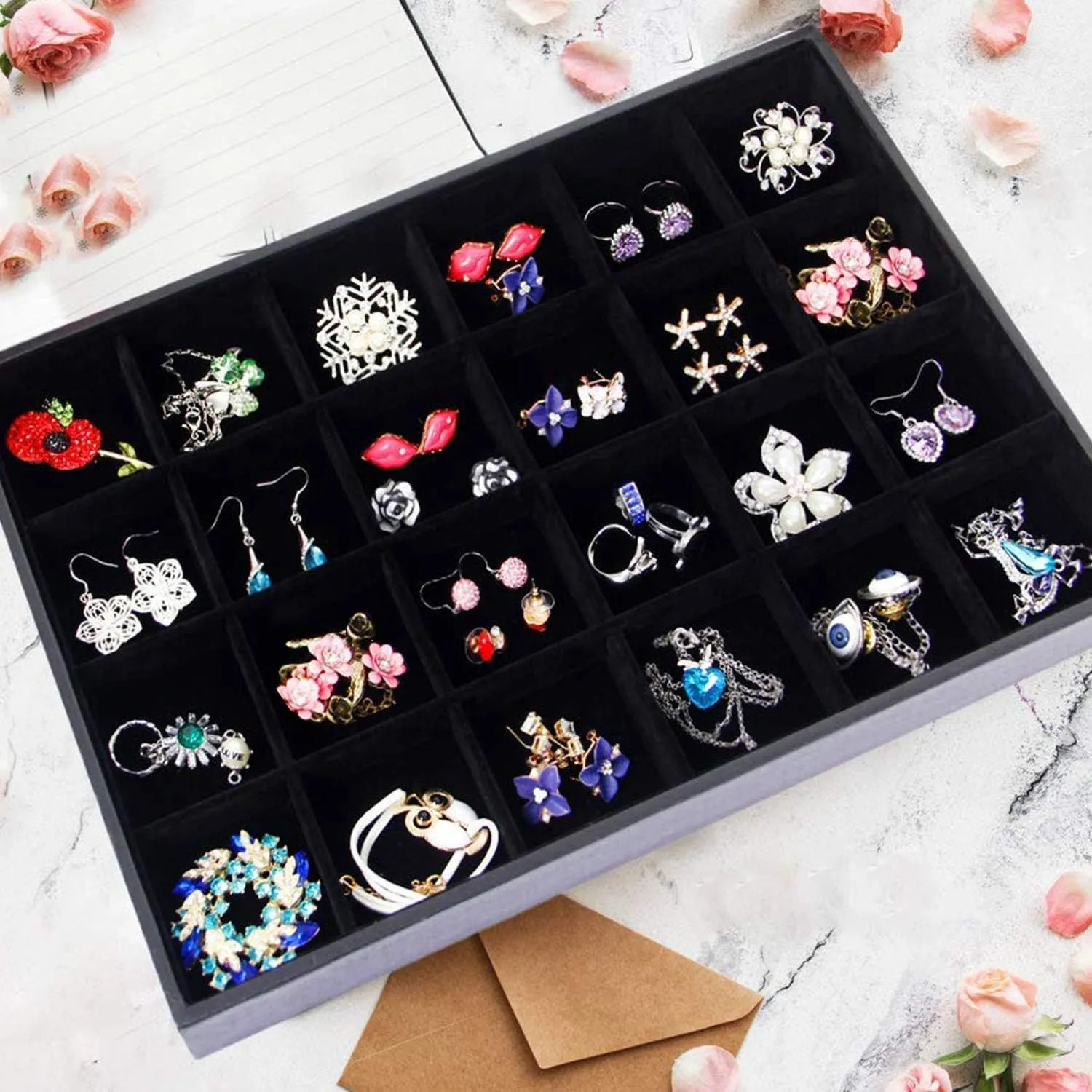 Black Velvet Stackable 24 Grid Jewelry Tray Showcase Display Organizer Holder Dividers for Teen Stud Drop Earring, Watch, Bead, Trinket Storage Adjustable Box Case Dish for College Dorm Woman Drawer