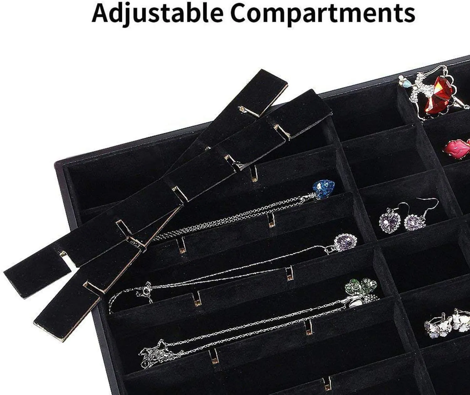 Black Velvet Stackable 24 Grid Jewelry Tray Showcase Display Organizer Holder Dividers for Teen Stud Drop Earring, Watch, Bead, Trinket Storage Adjustable Box Case Dish for College Dorm Woman Drawer