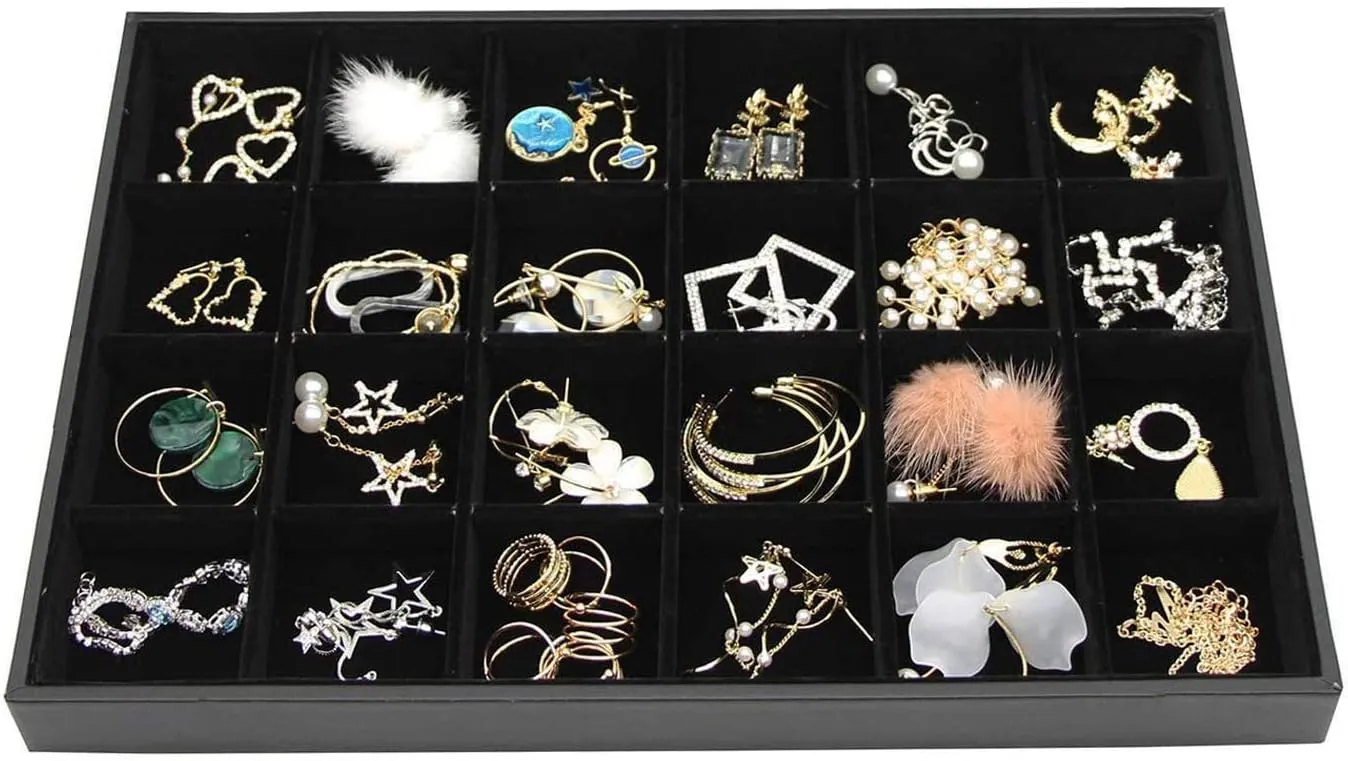Black Velvet Stackable 24 Grid Jewelry Tray Showcase Display Organizer Holder Dividers for Teen Stud Drop Earring, Watch, Bead, Trinket Storage Adjustable Box Case Dish for College Dorm Woman Drawer