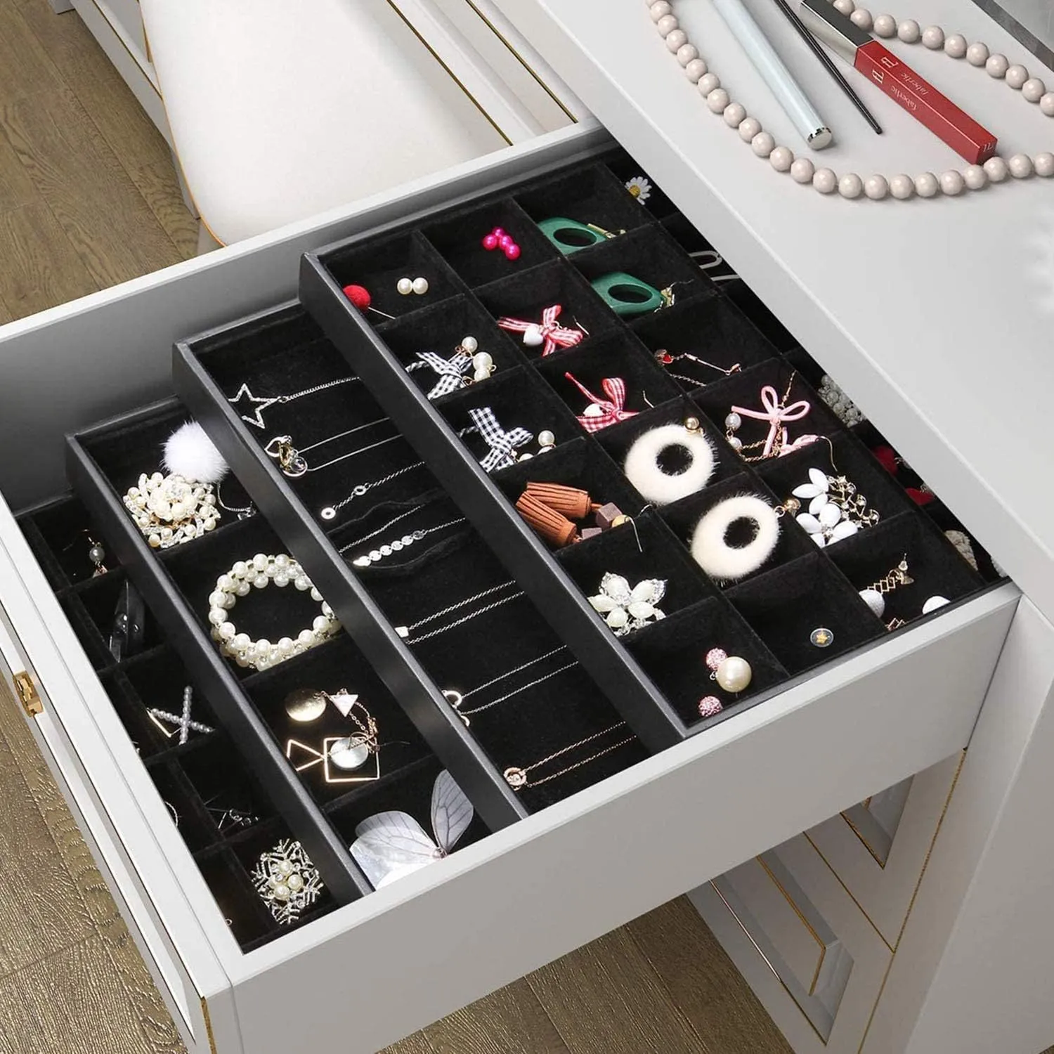 Black Velvet Stackable 24 Grid Jewelry Tray Showcase Display Organizer Holder Dividers for Teen Stud Drop Earring, Watch, Bead, Trinket Storage Adjustable Box Case Dish for College Dorm Woman Drawer
