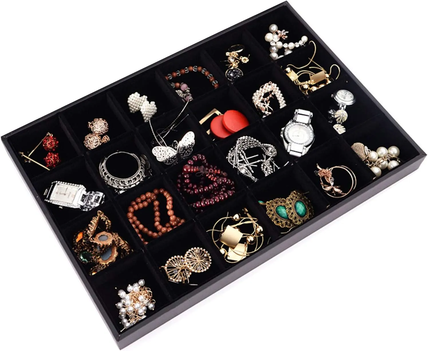 Black Velvet Stackable 24 Grid Jewelry Tray Showcase Display Organizer Holder Dividers for Teen Stud Drop Earring, Watch, Bead, Trinket Storage Adjustable Box Case Dish for College Dorm Woman Drawer
