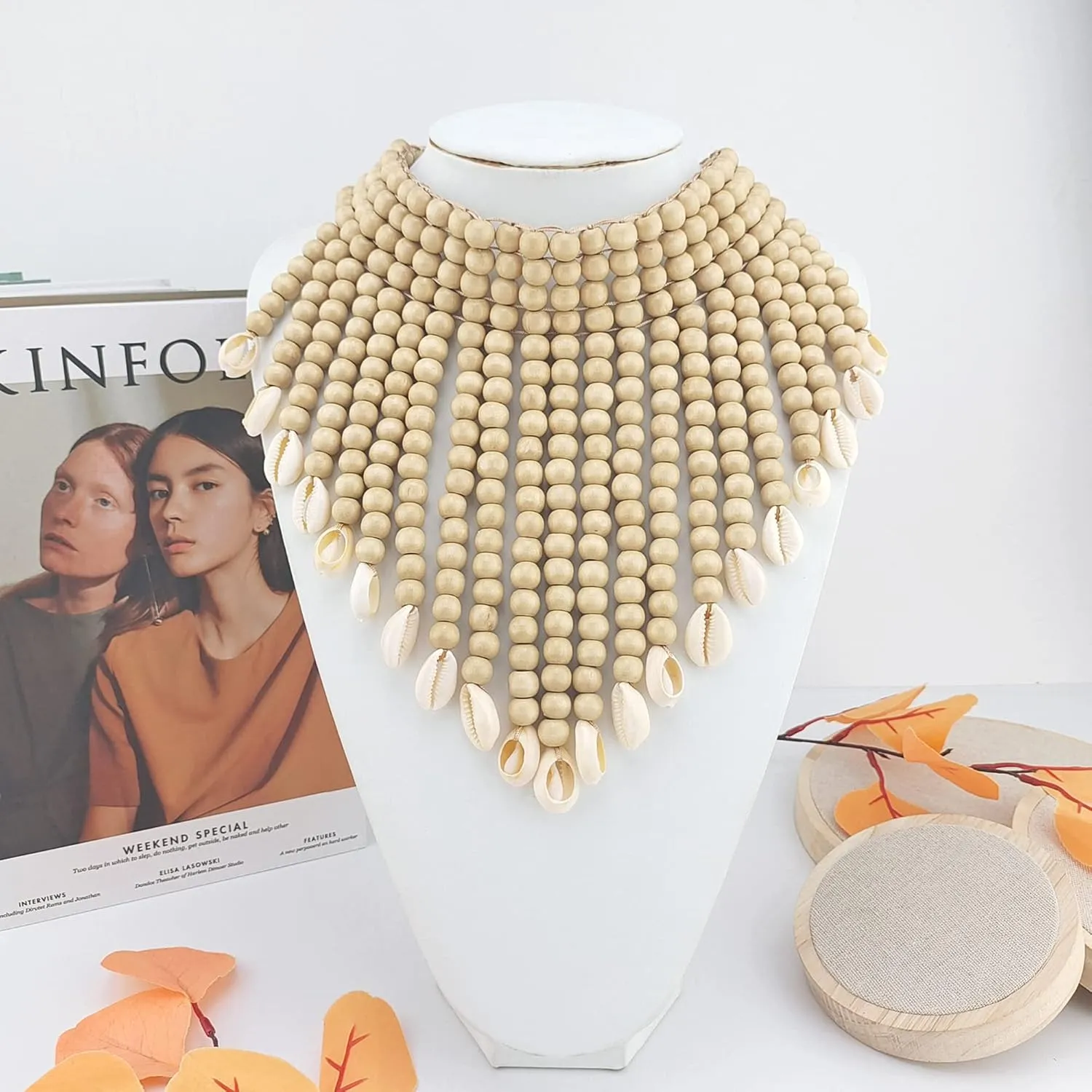 Boho African Wooden or Acrylic Beaded Bib Statement Necklace Strands Layered Cluster Chunky Collar Choker Wood Necklace for Women Fashion Costume Jewelry
