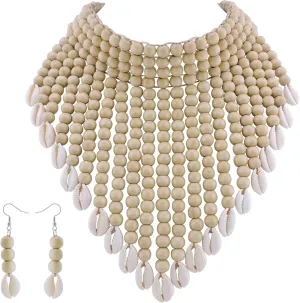 Boho African Wooden or Acrylic Beaded Bib Statement Necklace Strands Layered Cluster Chunky Collar Choker Wood Necklace for Women Fashion Costume Jewelry