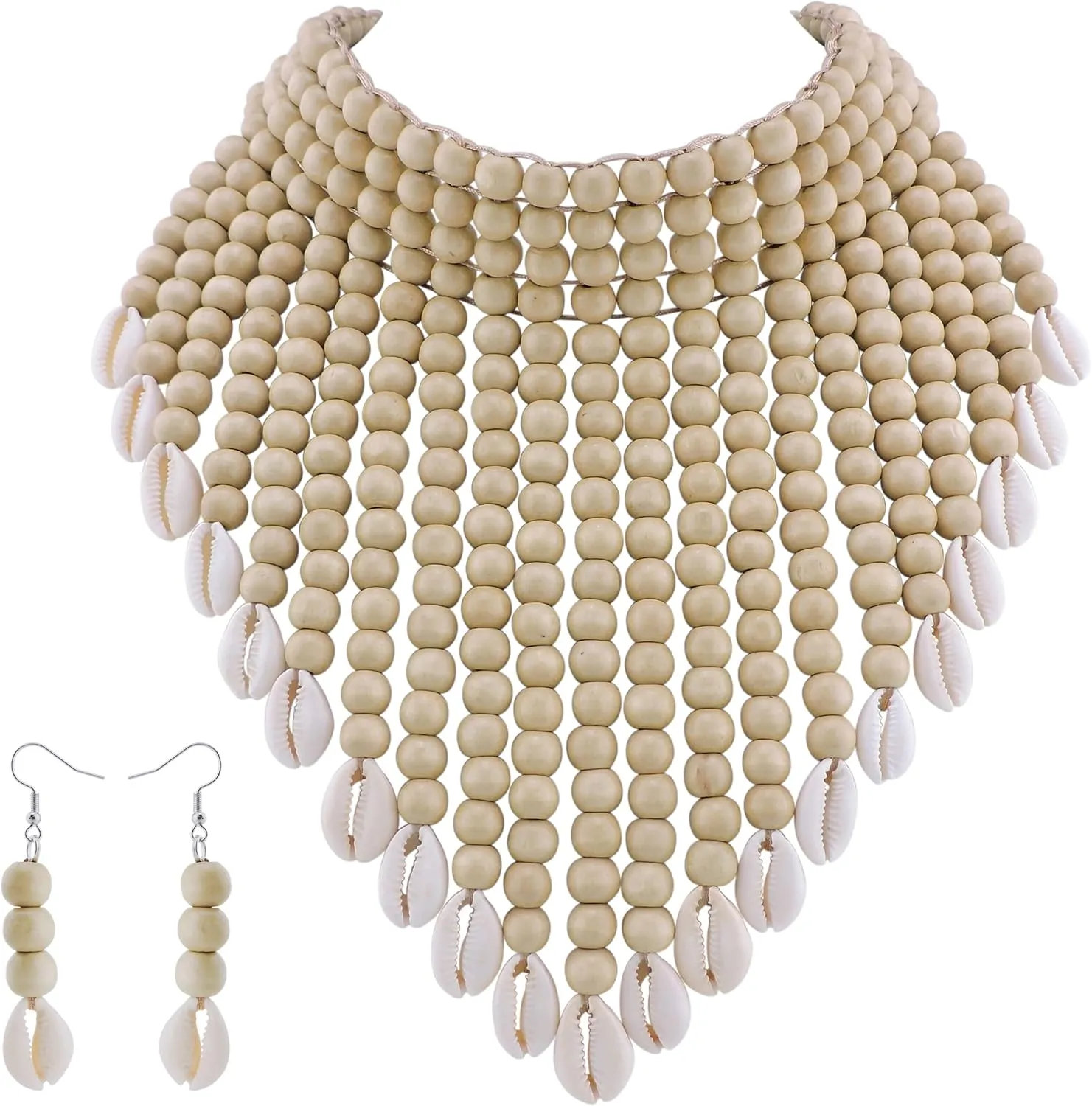 Boho African Wooden or Acrylic Beaded Bib Statement Necklace Strands Layered Cluster Chunky Collar Choker Wood Necklace for Women Fashion Costume Jewelry