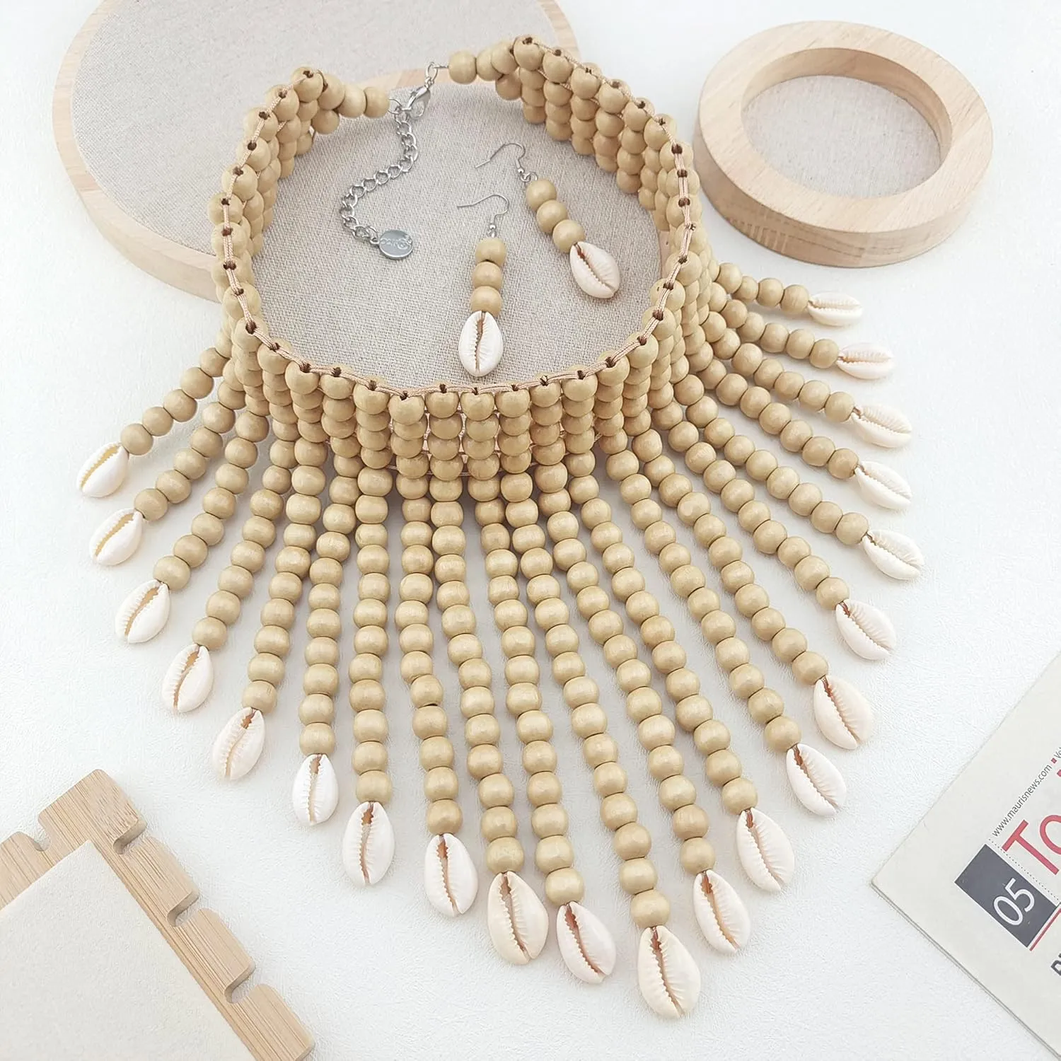 Boho African Wooden or Acrylic Beaded Bib Statement Necklace Strands Layered Cluster Chunky Collar Choker Wood Necklace for Women Fashion Costume Jewelry