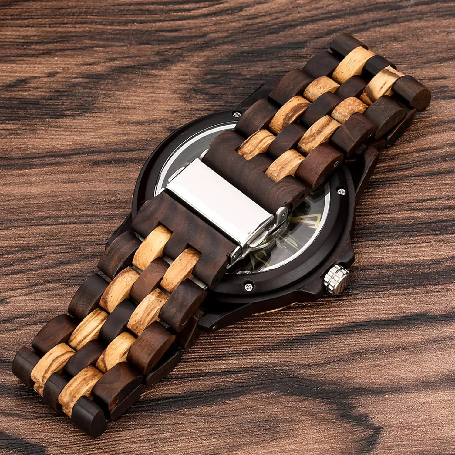Brown Deep Black Ebony Zebra Wooden Quartz Men's Watch,Foldover Clasp Wood Strap Wooden Watches for Men