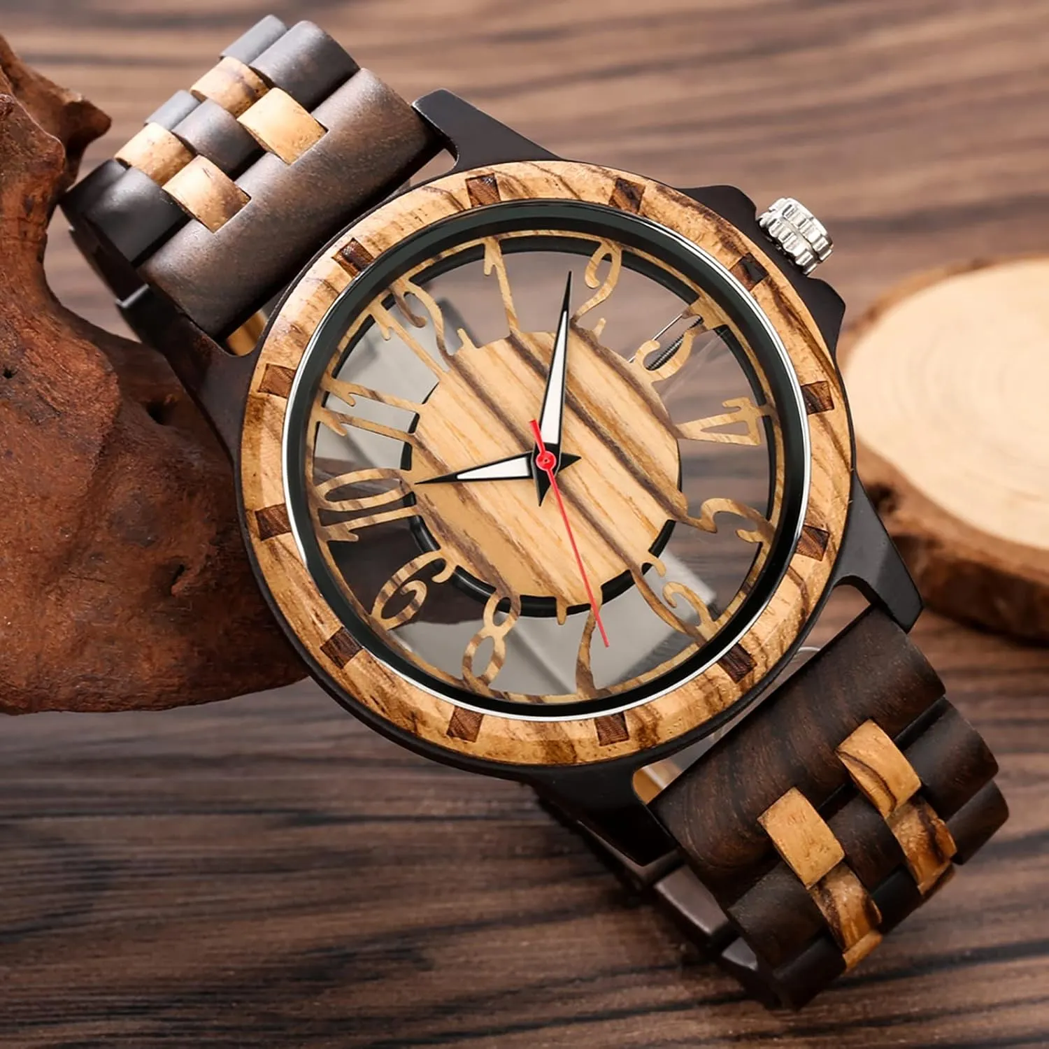 Brown Deep Black Ebony Zebra Wooden Quartz Men's Watch,Foldover Clasp Wood Strap Wooden Watches for Men