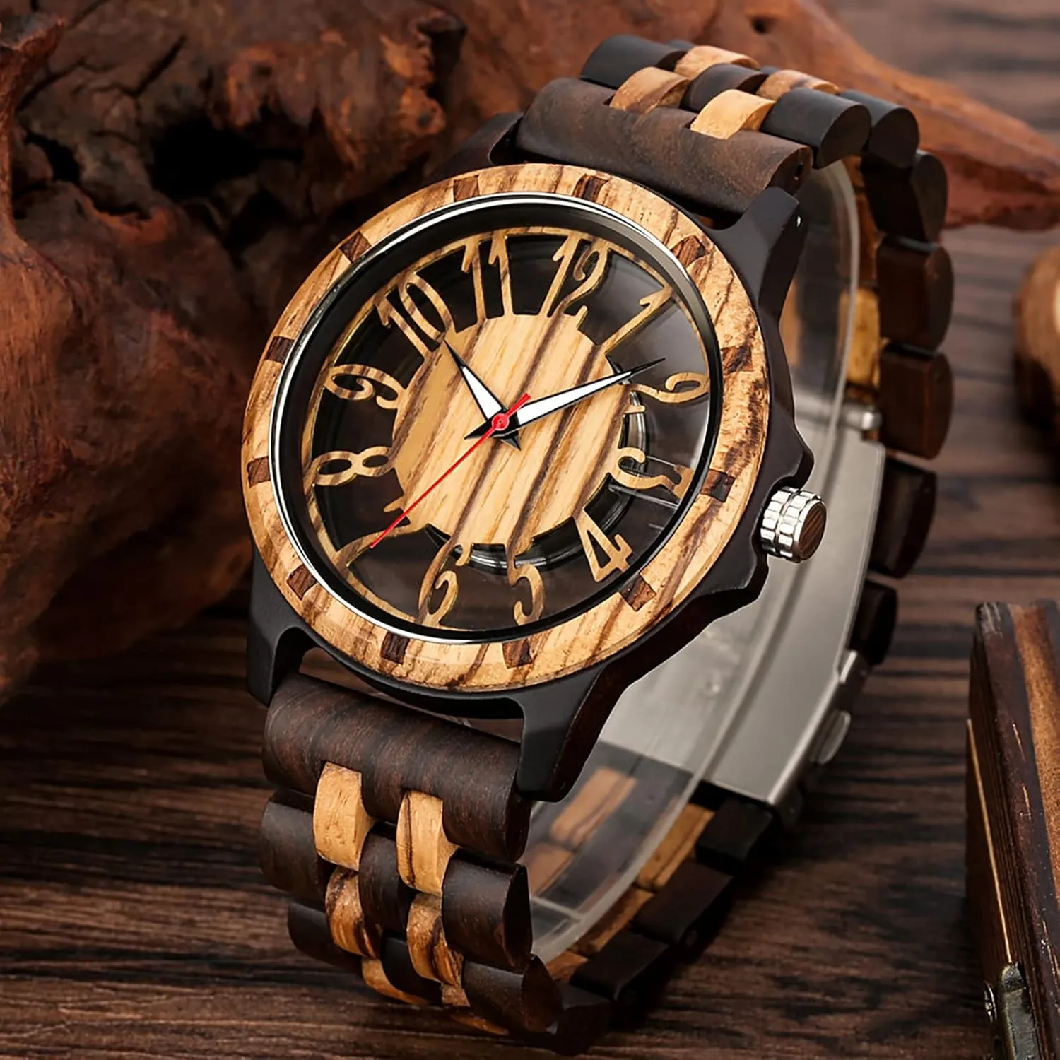 Brown Deep Black Ebony Zebra Wooden Quartz Men's Watch,Foldover Clasp Wood Strap Wooden Watches for Men