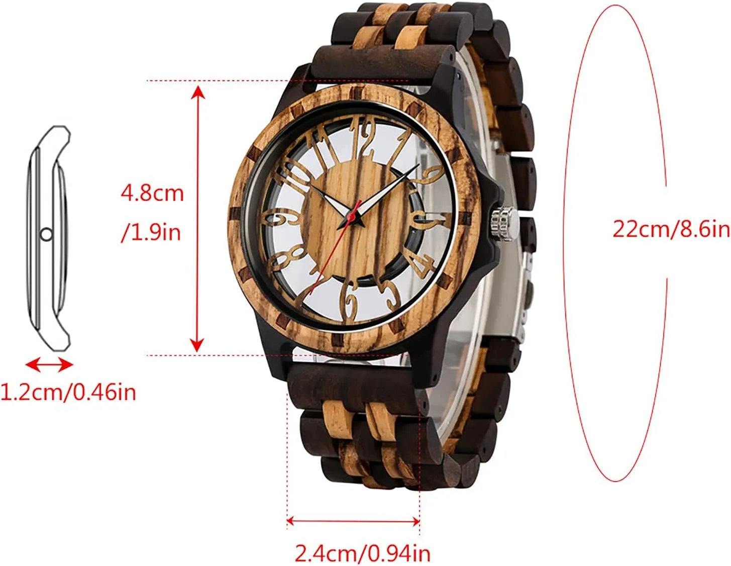 Brown Deep Black Ebony Zebra Wooden Quartz Men's Watch,Foldover Clasp Wood Strap Wooden Watches for Men