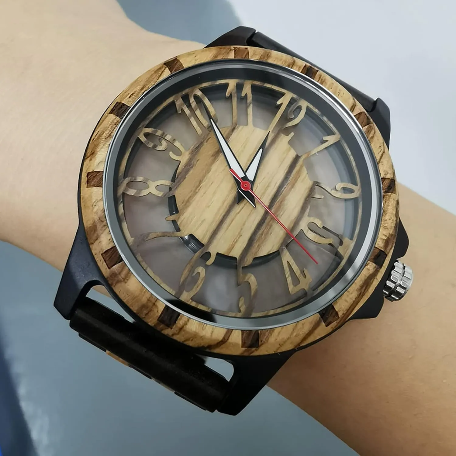 Brown Deep Black Ebony Zebra Wooden Quartz Men's Watch,Foldover Clasp Wood Strap Wooden Watches for Men