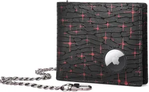 BULLCAPTAIN Slim Genuine Leather Mens Wallets with 2 ID Windows 10 Credit Card Slots Bifold RFID Blocking Wallets for Men With AirTag Holder and Chain T01 (Black with Red Stars)