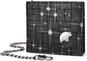 BULLCAPTAIN Slim Genuine Leather Mens Wallets with 2 ID Windows 10 Credit Card Slots Bifold RFID Blocking Wallets for Men With AirTag Holder and Chain T01 (Black with Silver Stars)