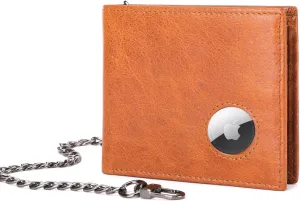 BULLCAPTAIN Slim Genuine Leather Mens Wallets with 2 ID Windows 10 Credit Card Slots Bifold RFID Blocking Wallets for Men With AirTag Holder and Chain T01 (Brown)