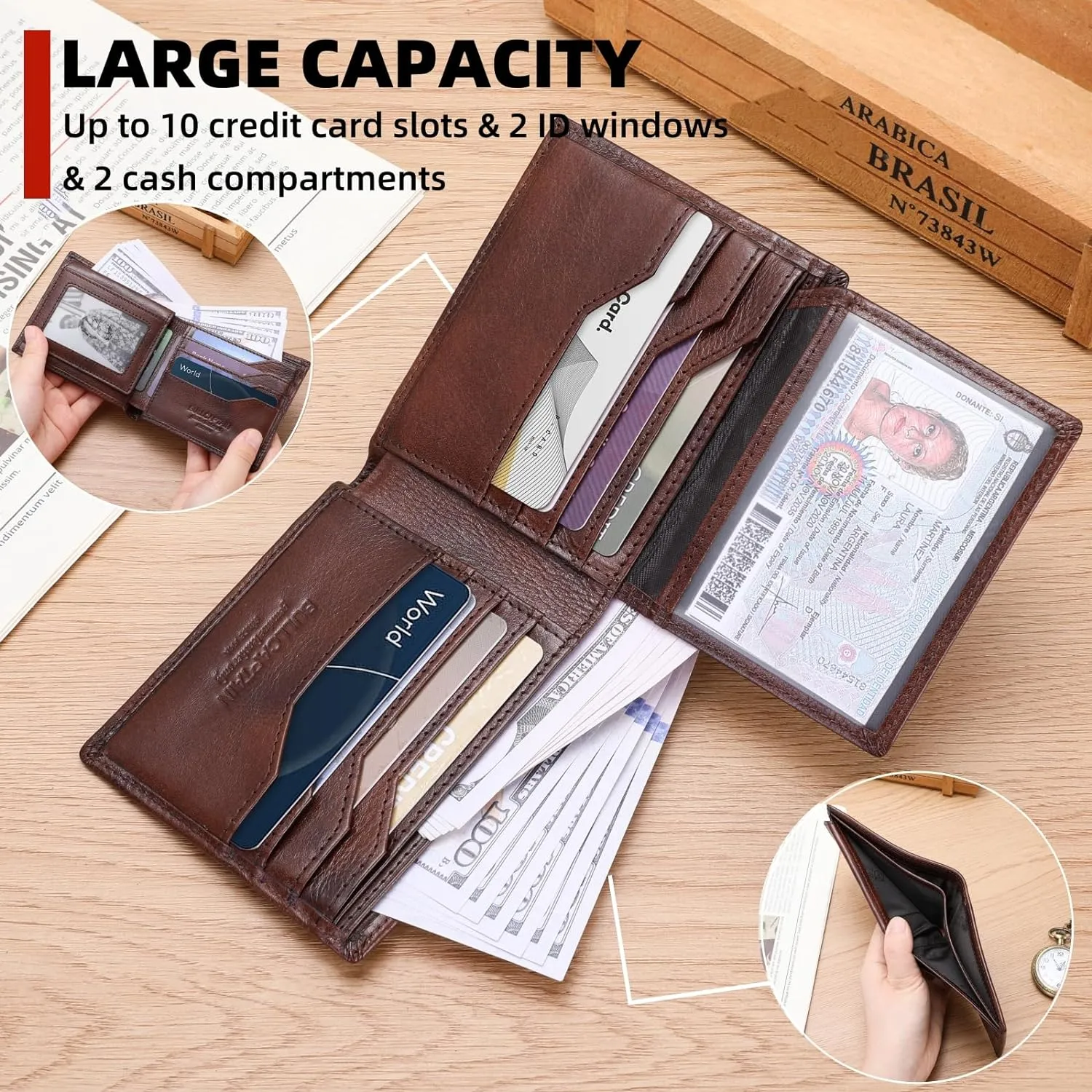 BULLCAPTAIN Slim Genuine Leather Mens Wallets with 2 ID Windows 10 Credit Card Slots Bifold RFID Blocking Wallets for Men With AirTag Holder and Chain T01 (Coffee)