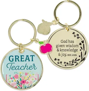 Christian Art Gifts Split Gold Metal Keyring Accessory for Teachers: Great Teacher Inspirational Scripture Keychain, Stamped Design & Verse, Multicolor Pink Floral & Apple Charm Appreciation Present