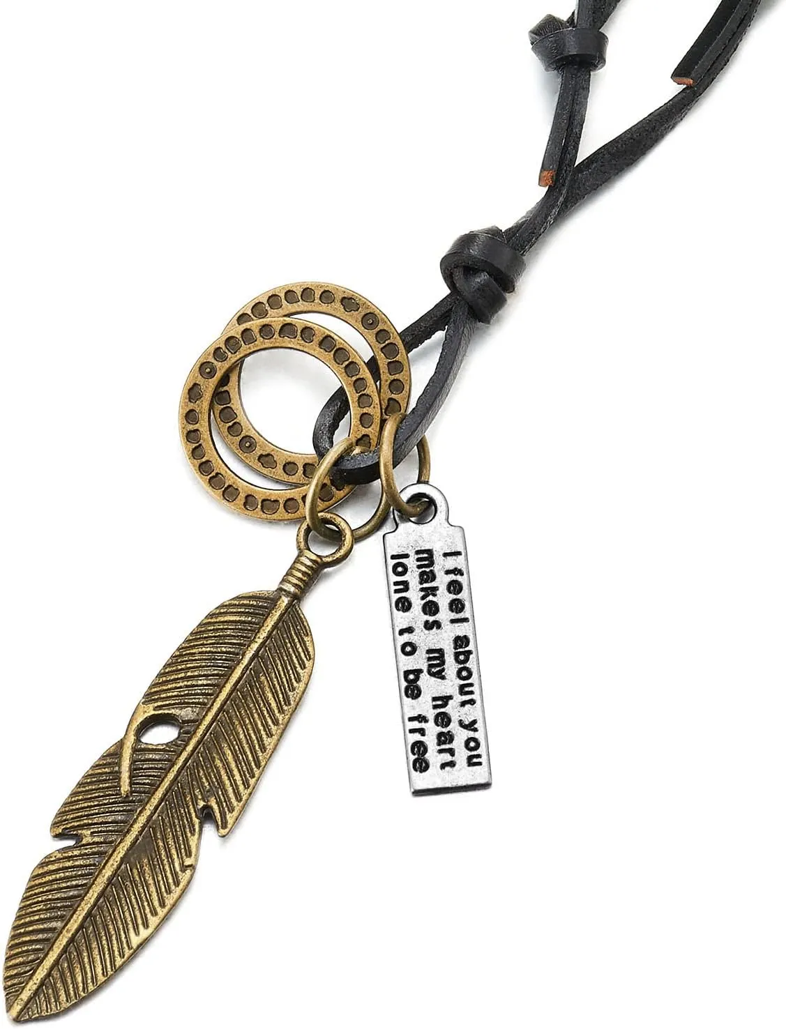 COOLSTEELANDBEYOND Retro Style Aged Feather Pendant with Adjustable Leather Cord Necklace Unisex Men Women