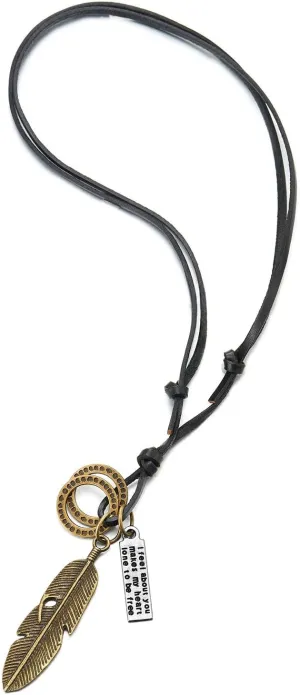 COOLSTEELANDBEYOND Retro Style Aged Feather Pendant with Adjustable Leather Cord Necklace Unisex Men Women